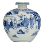 A Chinese blue and white bottle vase, decorated with six Daoist figures in a landscape, H 18 cm