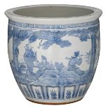 A large Chinese blue and white fish bowl, all over decorated with the Eight Immortals in a