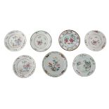 Seven Chinese famille rose export porcelain dishes, floral decorated with lotus flowers,