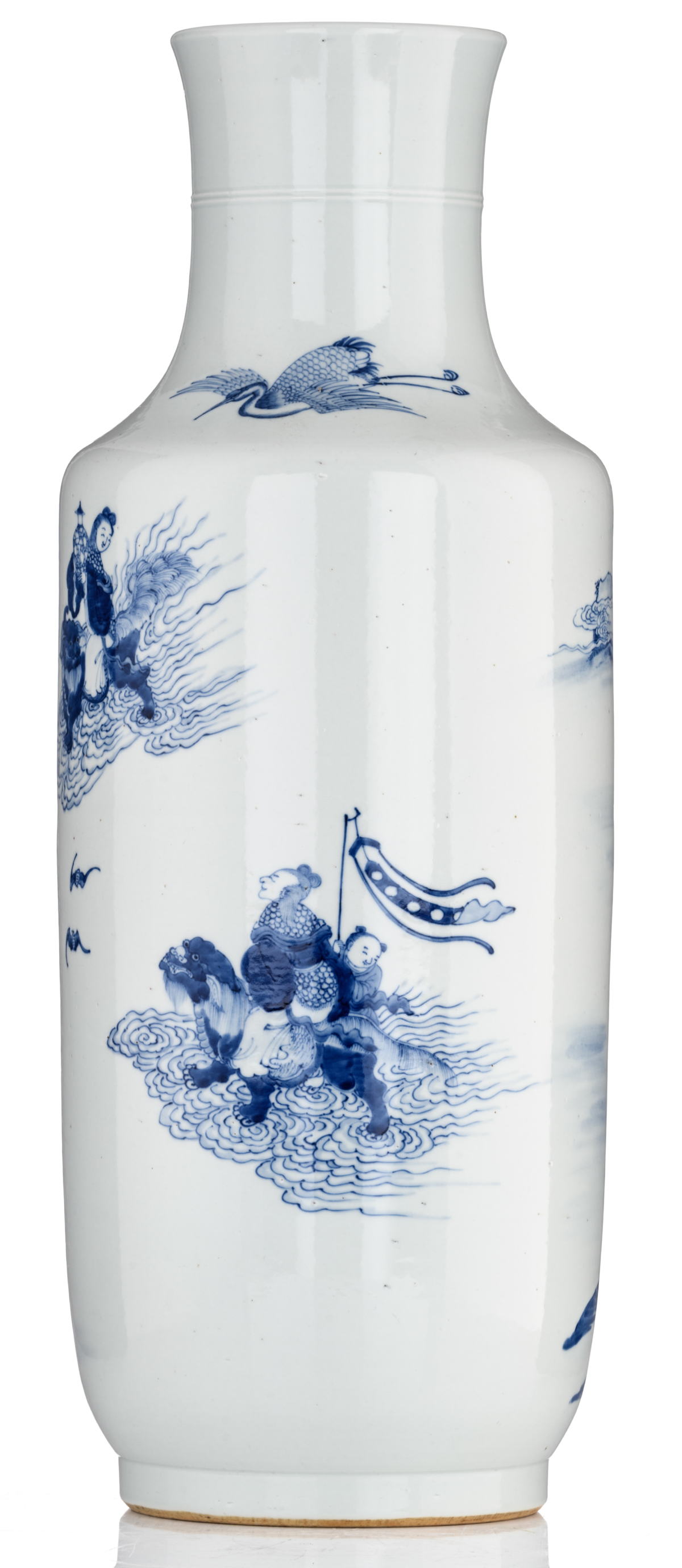 A Chinese blue and white rouleau vase, the decoration depicting figures on a boat gliding through - Image 3 of 6