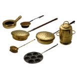 A lot of various brass items, Low Countries, consisting of four bed warmers, an egg pan, a medical