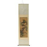 A Chinese scroll depicting ladies on a balcony, signed and dated 'Shi Zhou Jiu Ying', watercolour