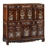 A low Chinese mother-of-pearl inlaid cabinet, 19thC, H 107 - W 107 - D 42 cm