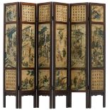 A Chinese six leaf wooden table screen, the marble plaques decorated with various animated scenes