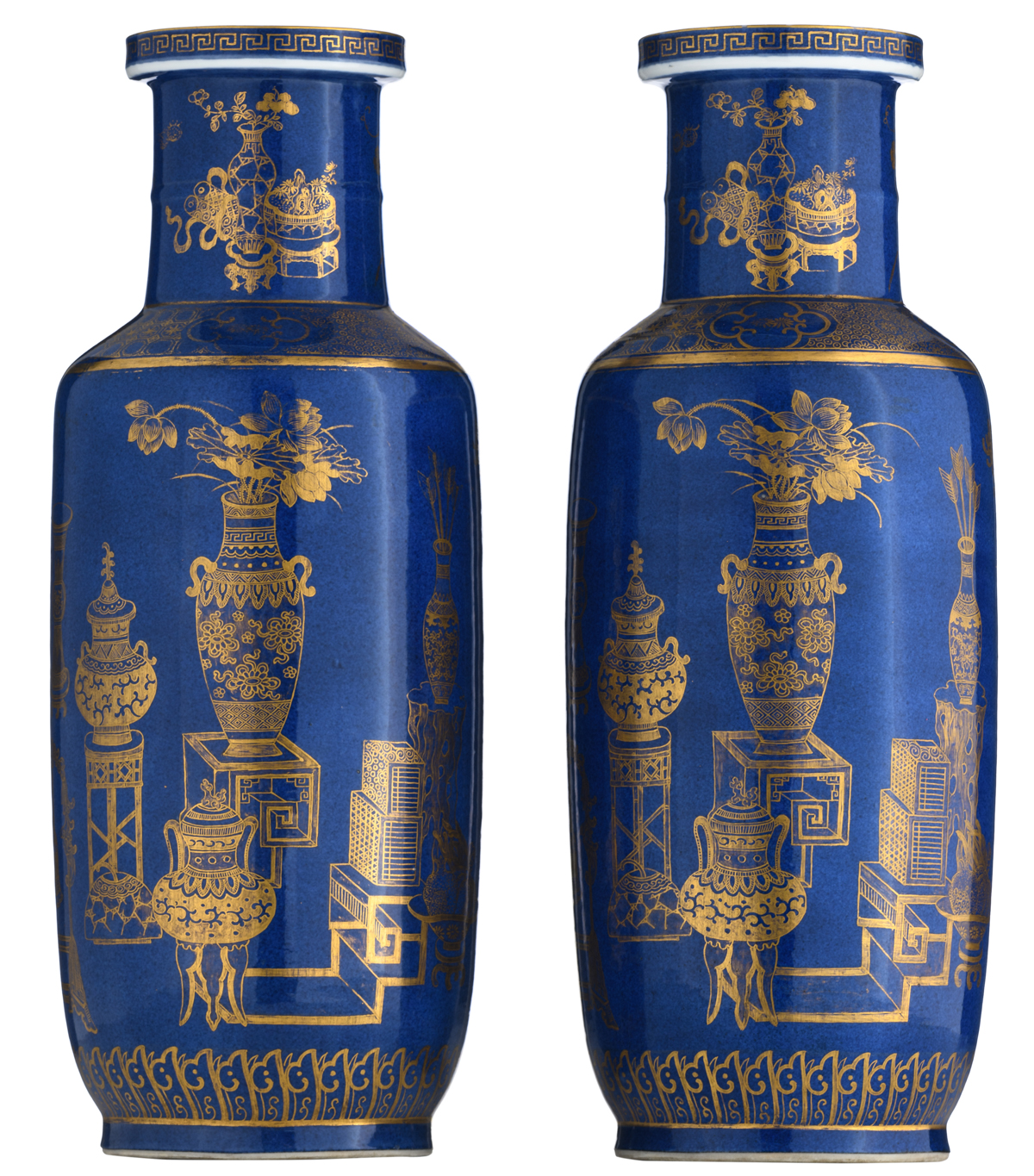 A pair of Chinese bleu poudré vases, gilt decorated with antiquities, flowers, pomegranates and