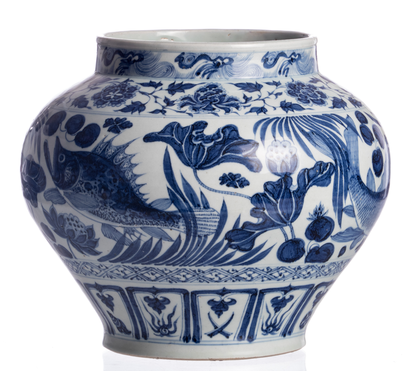 A Chinese blue and white jar, all over decorated with fish in a lotus pond, H 28 cm - Image 3 of 6