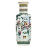 A Chinese famille rose rouleau vase, allover decorated with high officials in a garden scene, H 61