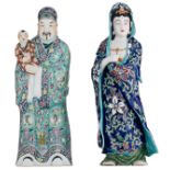 Two Chinese polychrome porcelain figures, the turquoise ground figure depicting Fu Xing, with an