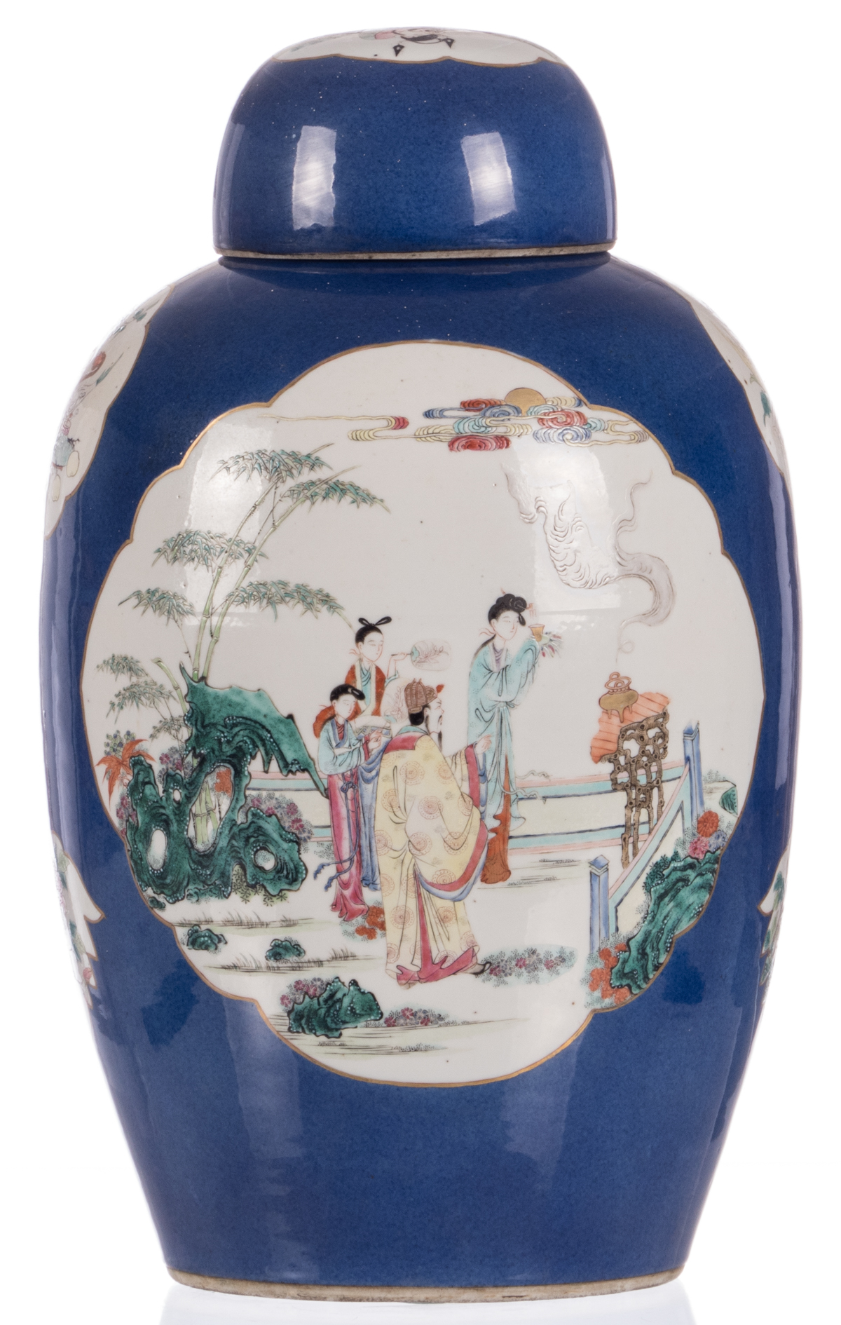 A Chinese bleu poudré ground jar and cover, the roundels famille rose decorated with animated - Image 5 of 11