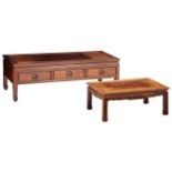 A Chinese low exotic hardwood sidetable with drawers, added a ditto sidetable, H 40,5 - W 126 - D 73