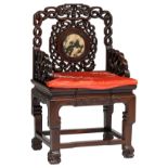 A Chinese exotic hardwood chair with a marble dream stone panel, H 102 - W 61 cm