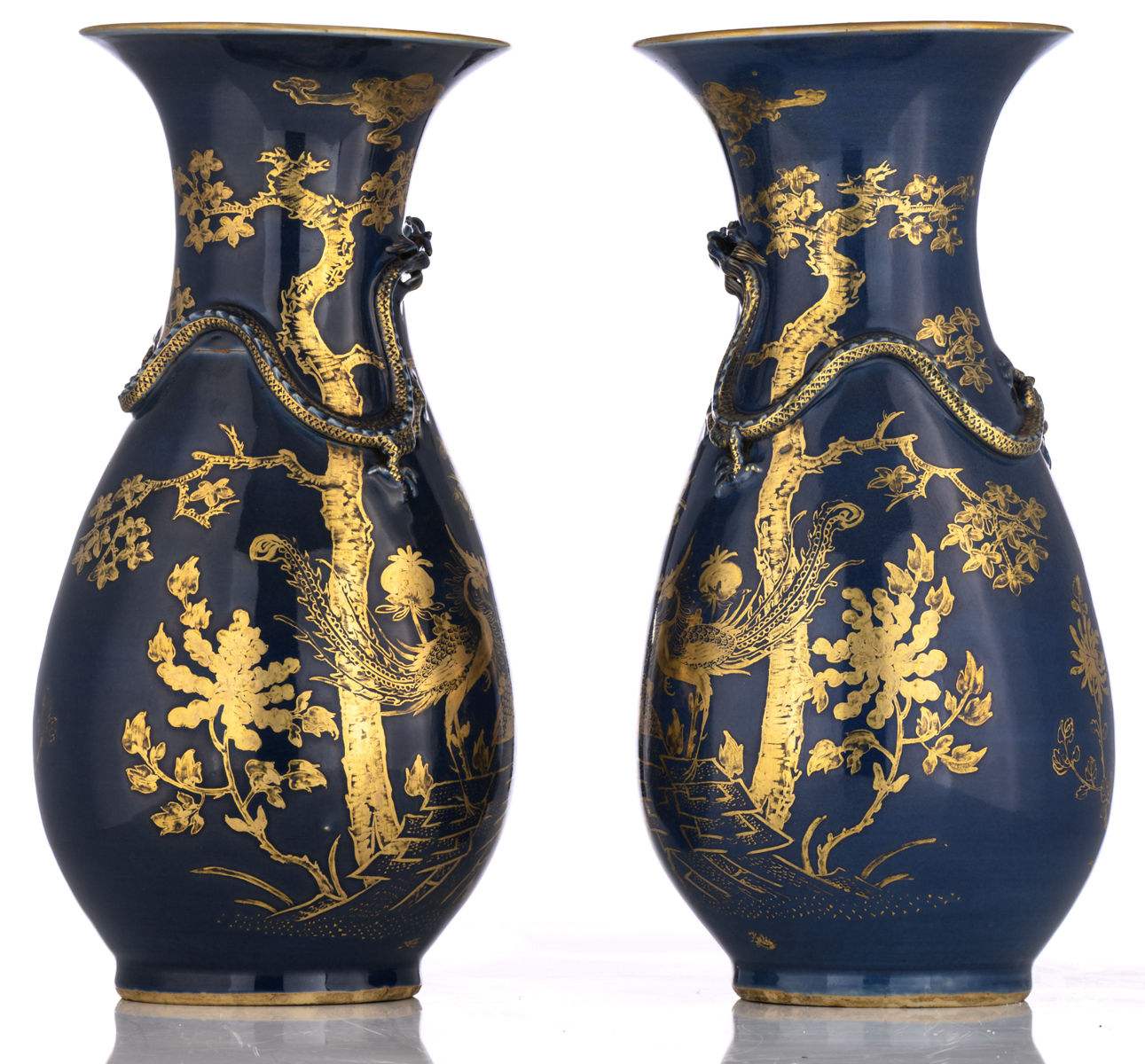 A pair of Chinese 'bleu soufflé' pear shaped vases, gilt and relief decorated with dragons and - Image 2 of 6