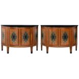 A fine pair of demi-lune boulle marquetry veneered double door commodes by David Linley, with a