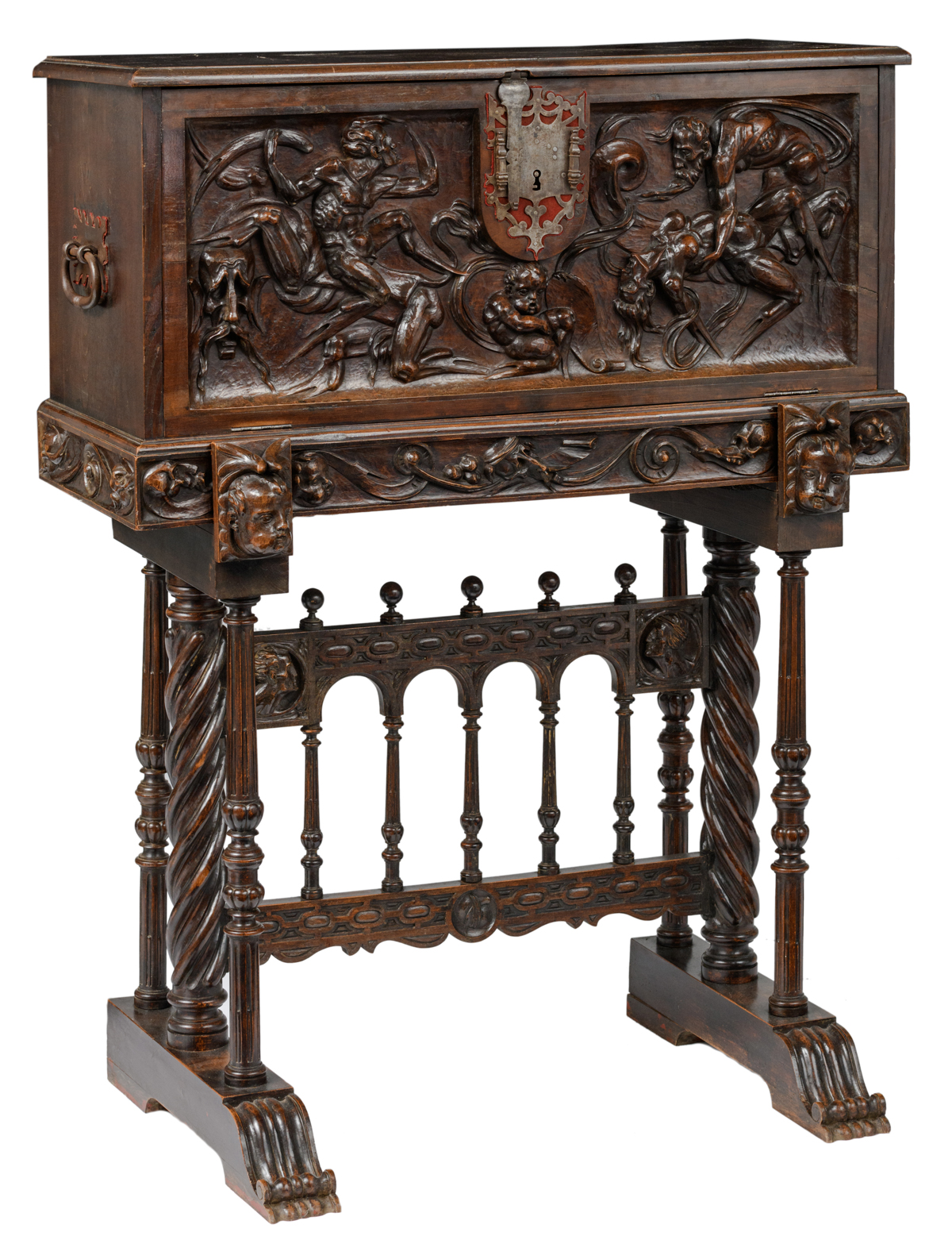 A richly alto relievo carved walnut and oak vargueno, 19thC Renaissance Revival,  H 57,5 - 143 (with