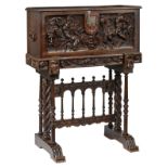 A richly alto relievo carved walnut and oak vargueno, 19thC Renaissance Revival,  H 57,5 - 143 (with