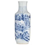A Chinese blue and white rouleau vase, the decoration depicting figures on a boat gliding through