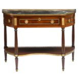 A French mahogany Louis XVI demi-lune console desserte, with gilt bronze mounts and a Bleu Belge