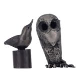Claerhout J., an owl, chrome patinated bronze, H 15 cm; added: by the same author, a bird, bronze