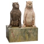 Vermeersch J., two sitting dogs, terracotta sculptures set on a faux marble base, H 59 - H 89 cm (