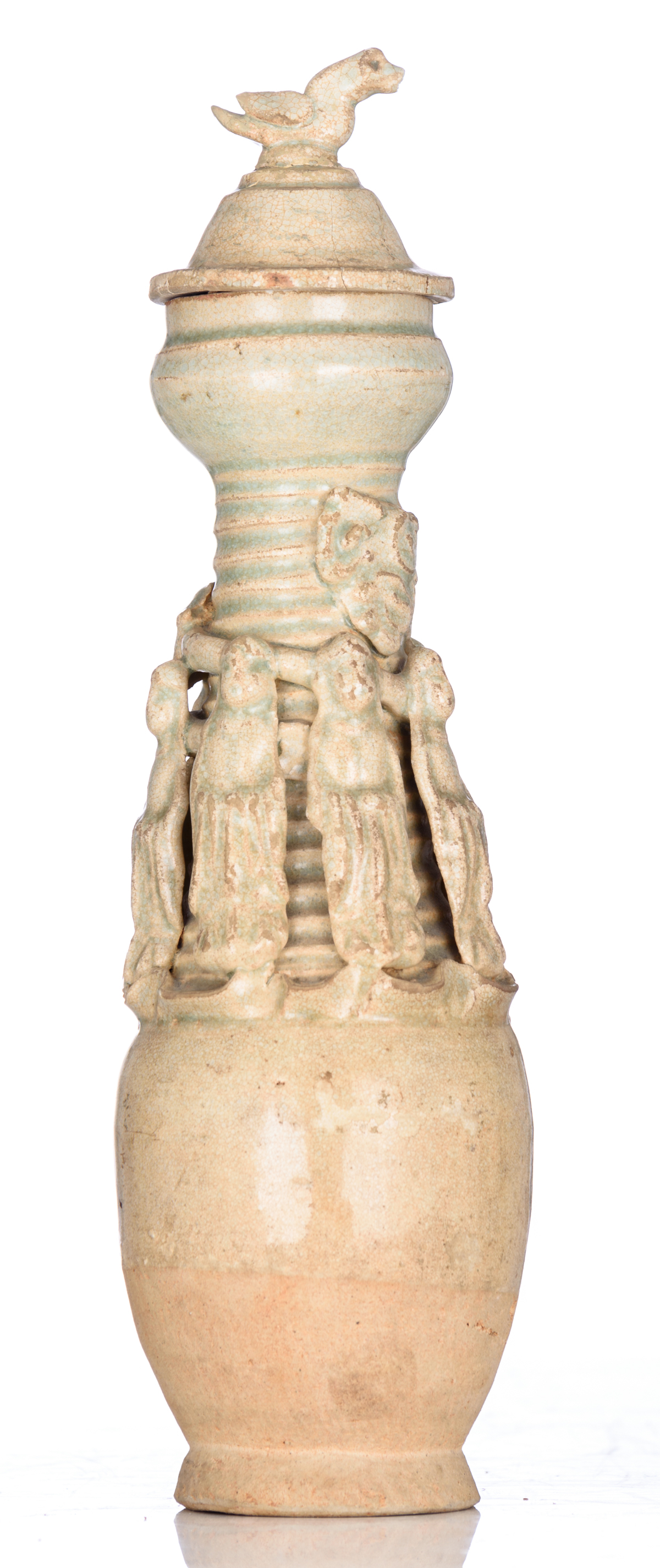 A Sui dynasty type covered vase, relief decorated with the immortals and a dragon, H 31,5 cm - Image 3 of 6