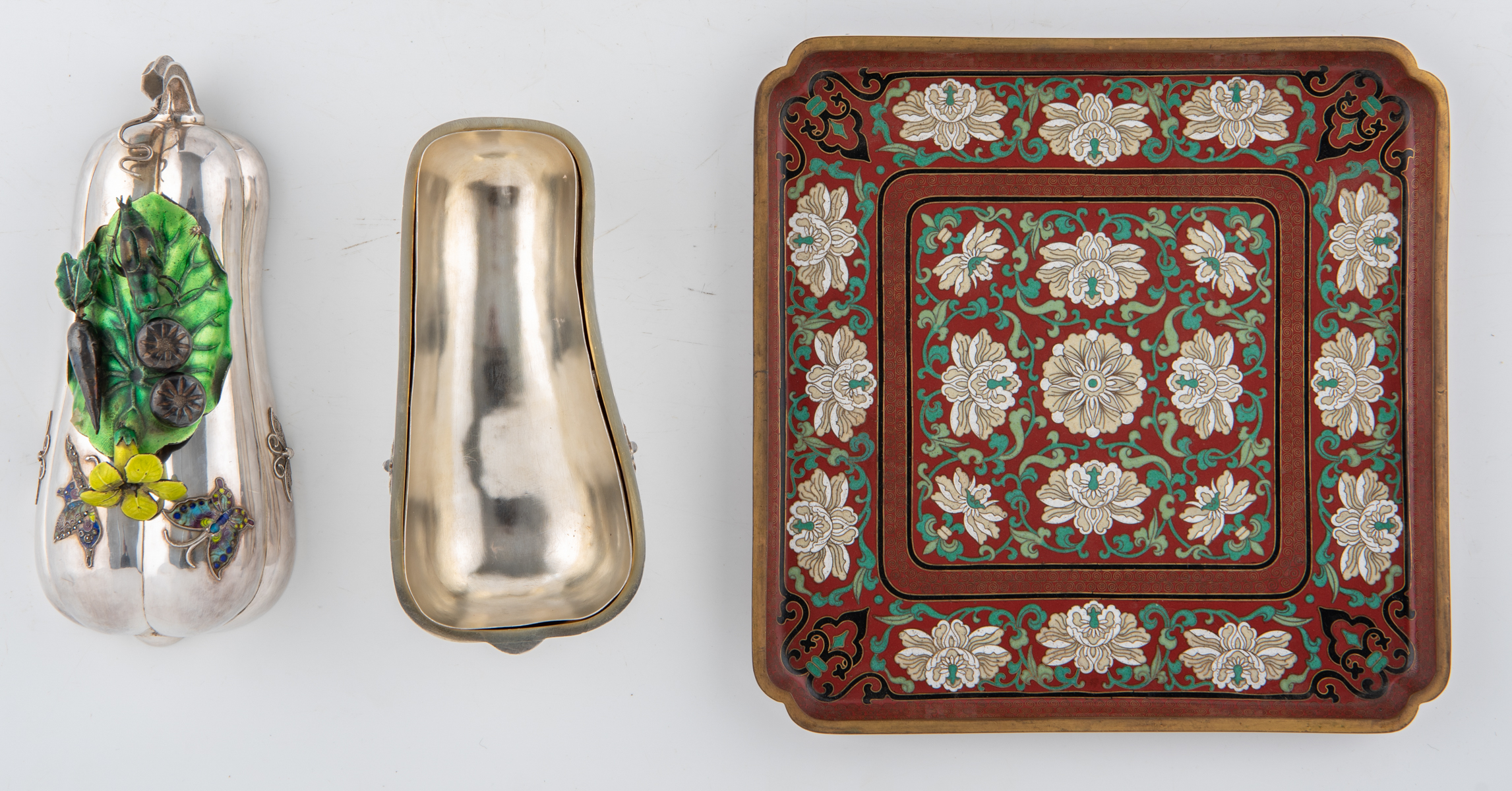 An Oriental silver pumpkin shaped box and cover, with enamelled alto relievo decoration depicting - Image 2 of 9