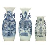 Two Chinese celadon ground blue and white vases, decorated with pavilions; added a ditto vase,