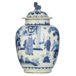 A Chinese blue and white Transition type covered jar, all around decorated with a scene of a
