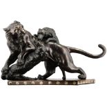 Lion fighting the wolves, Japanese patinated bronze on an exotic hardwood base with mother-of-
