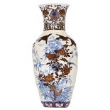 A large Japanese blue and white vase, allover gilt decorated with birds and flower branches, H 90,
