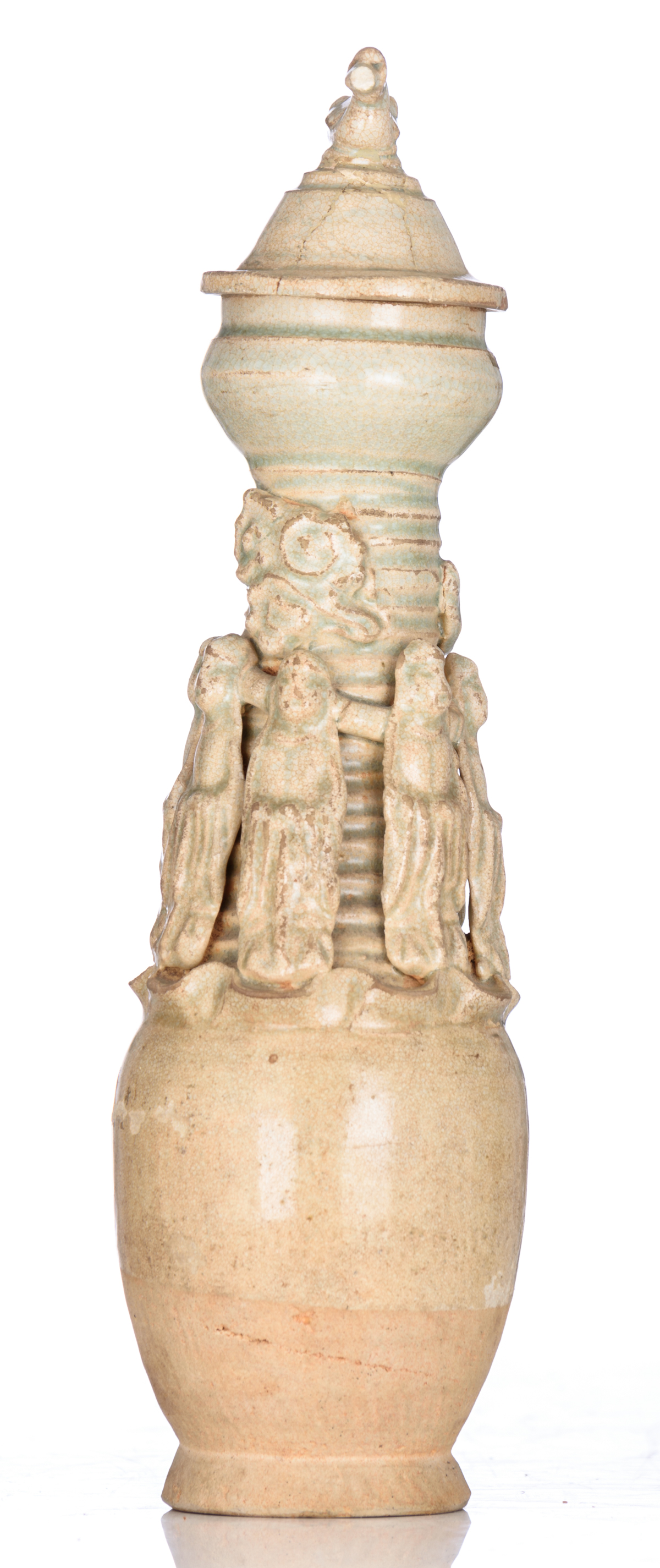 A Sui dynasty type covered vase, relief decorated with the immortals and a dragon, H 31,5 cm - Image 4 of 6