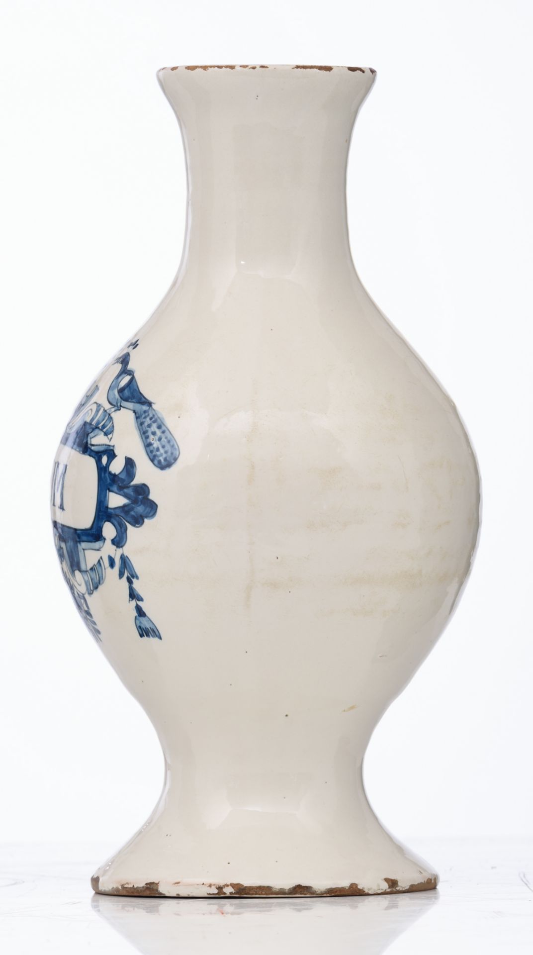 An 18thC Delftware pharmacy jar, blue and white decorated with a cartouche and birds and - Image 3 of 7