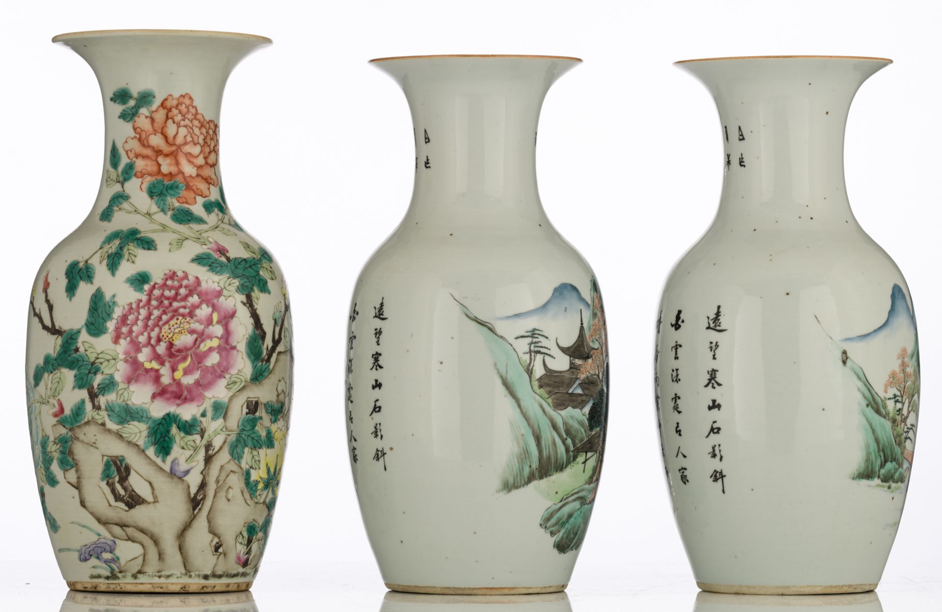 A pair of Chinese polychrome vases, decorated with figures in a mountainous river landscape; - Image 4 of 6