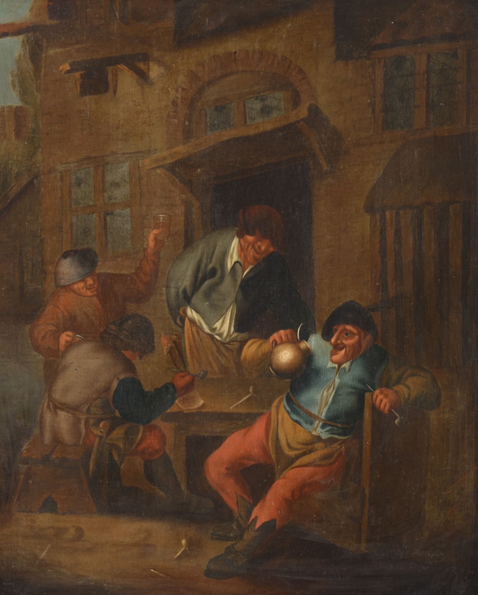 No visible signature, after Teniers, a jolly company at a tavern, oil on panel, 28,5 x 34,5 cm