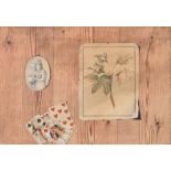 An 18thC trompe l'oeil depicting playing cards, a print of a hedgehog rose and a drinking and