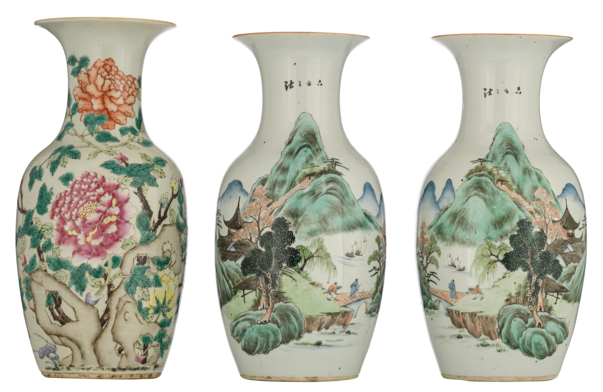 A pair of Chinese polychrome vases, decorated with figures in a mountainous river landscape;