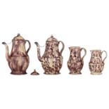 A collection of Whieldon tortoiseshell creamware, consisting of two coffee pots and two creamers,