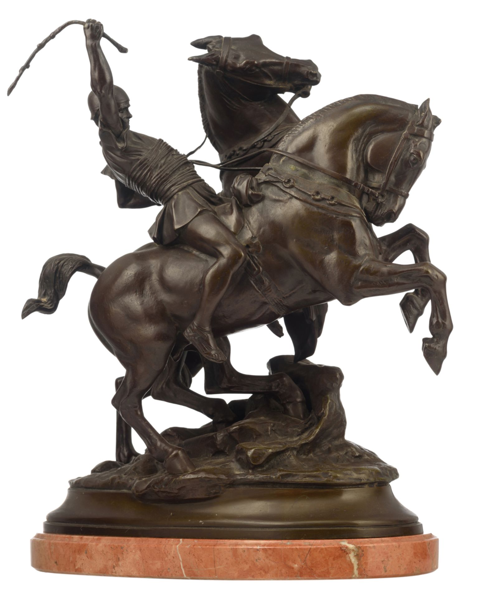 Freniet E., the Roman horse tamer, brown patinated bronze on a rouge imperial marble base, H 40