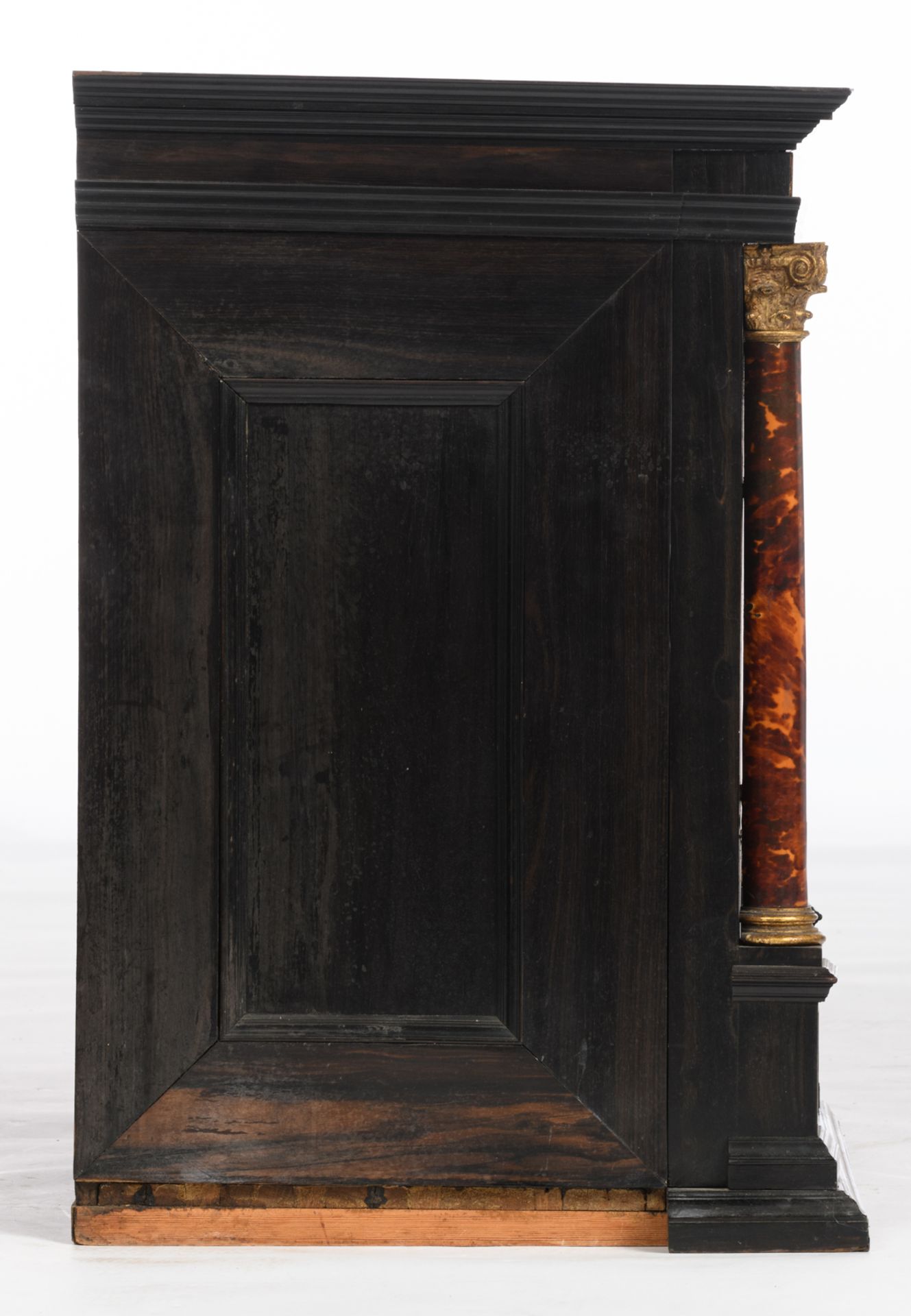 An ebonized wood, ormolu-mounted, tortoiseshell, and rosewood veneered architectural-looking - Image 5 of 8