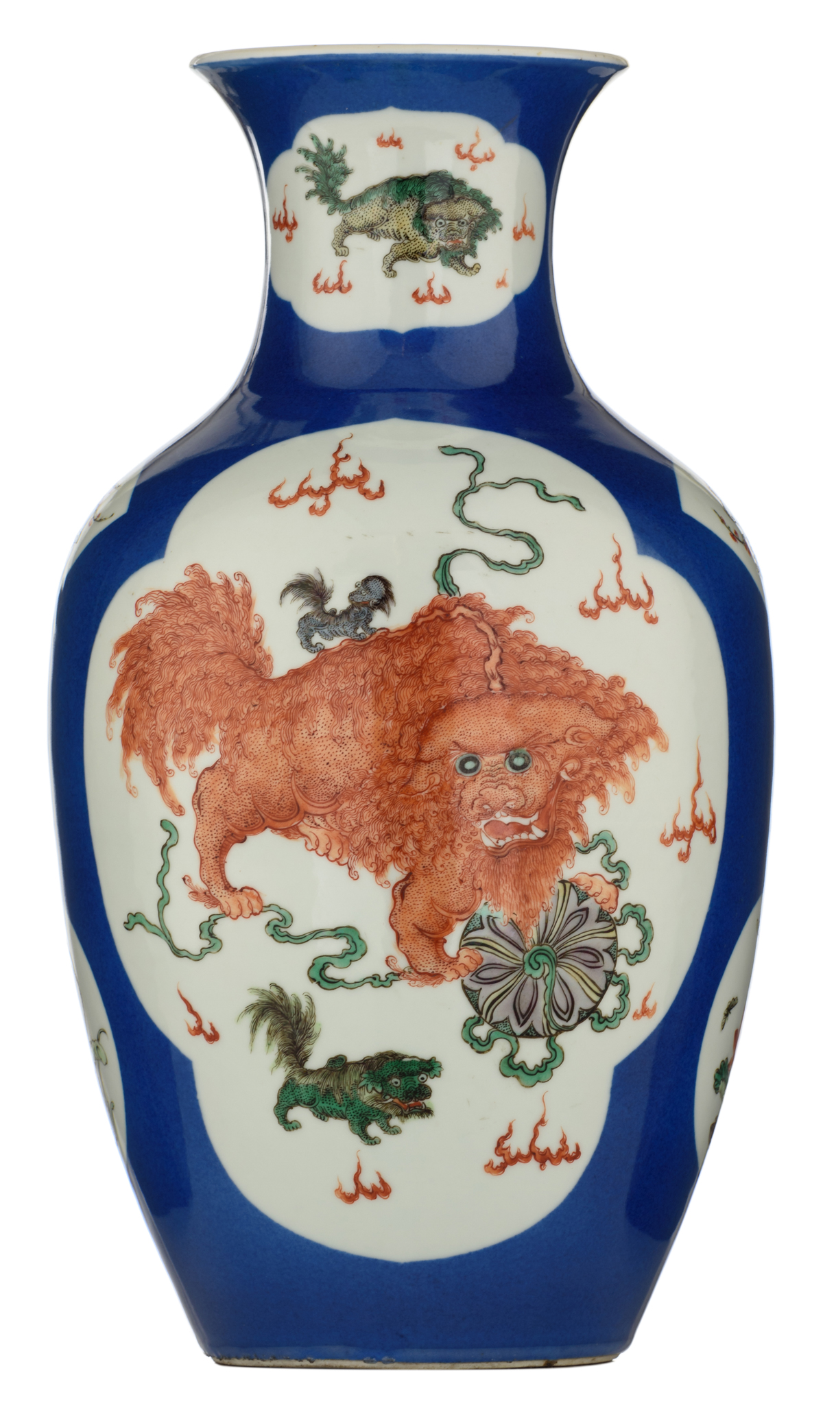 A Chinese bleu poudré begonia shaped vase, the roundels famille verte decorated with playing