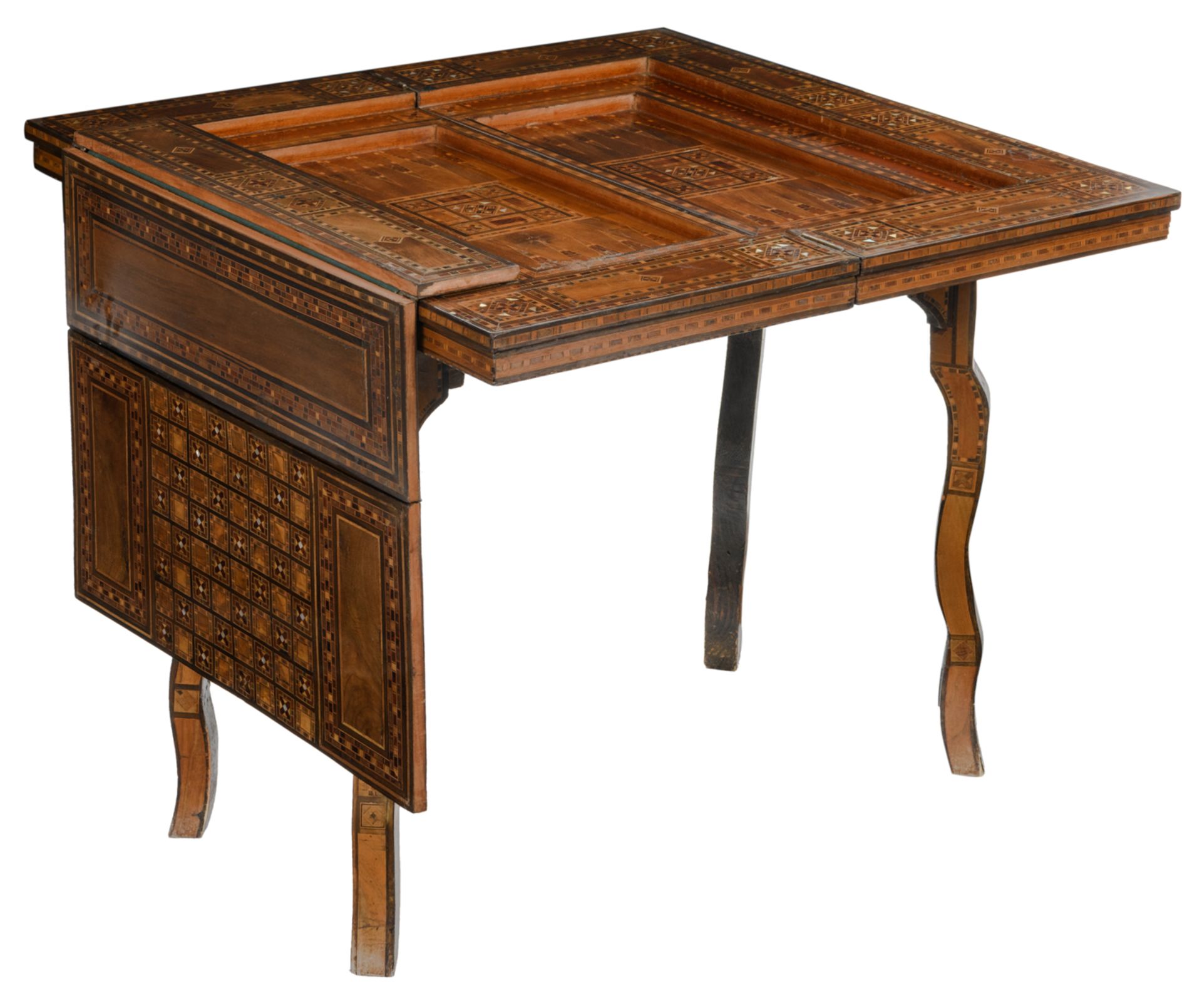 A Moorish inspired card table, inlaid with various wood types and mother of pearl, the folding top