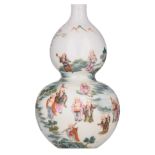 A Chinese famille rose decorated double-gourd vase, finely painted with 'The Eighteen Luohans', with