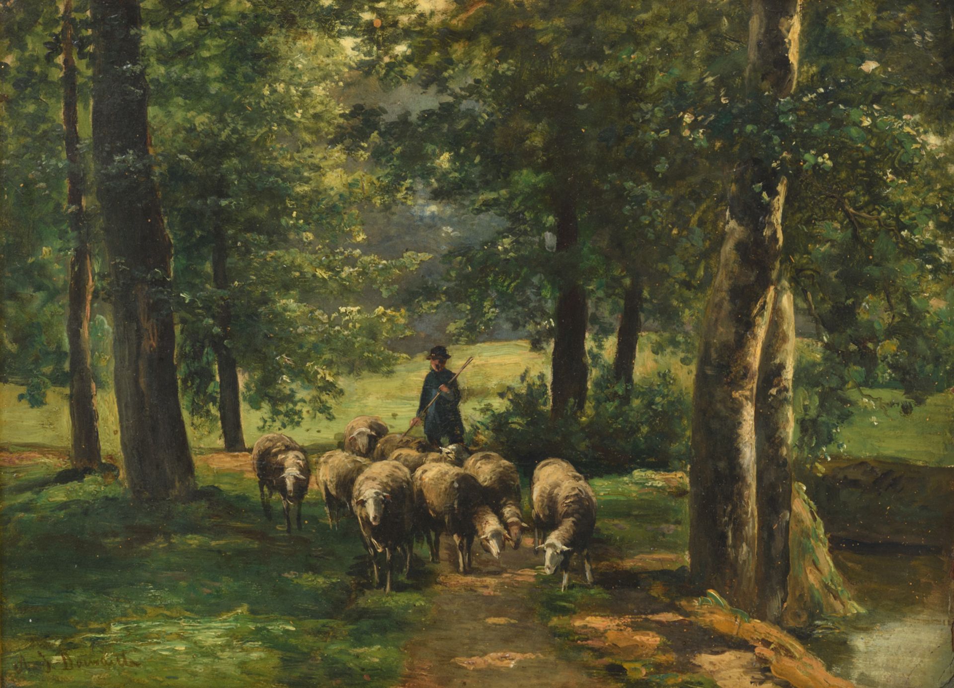 Daiwaille A.J., a shepherd with his herd in the forest, oil on canvas, 31,5 x 42,5 cm