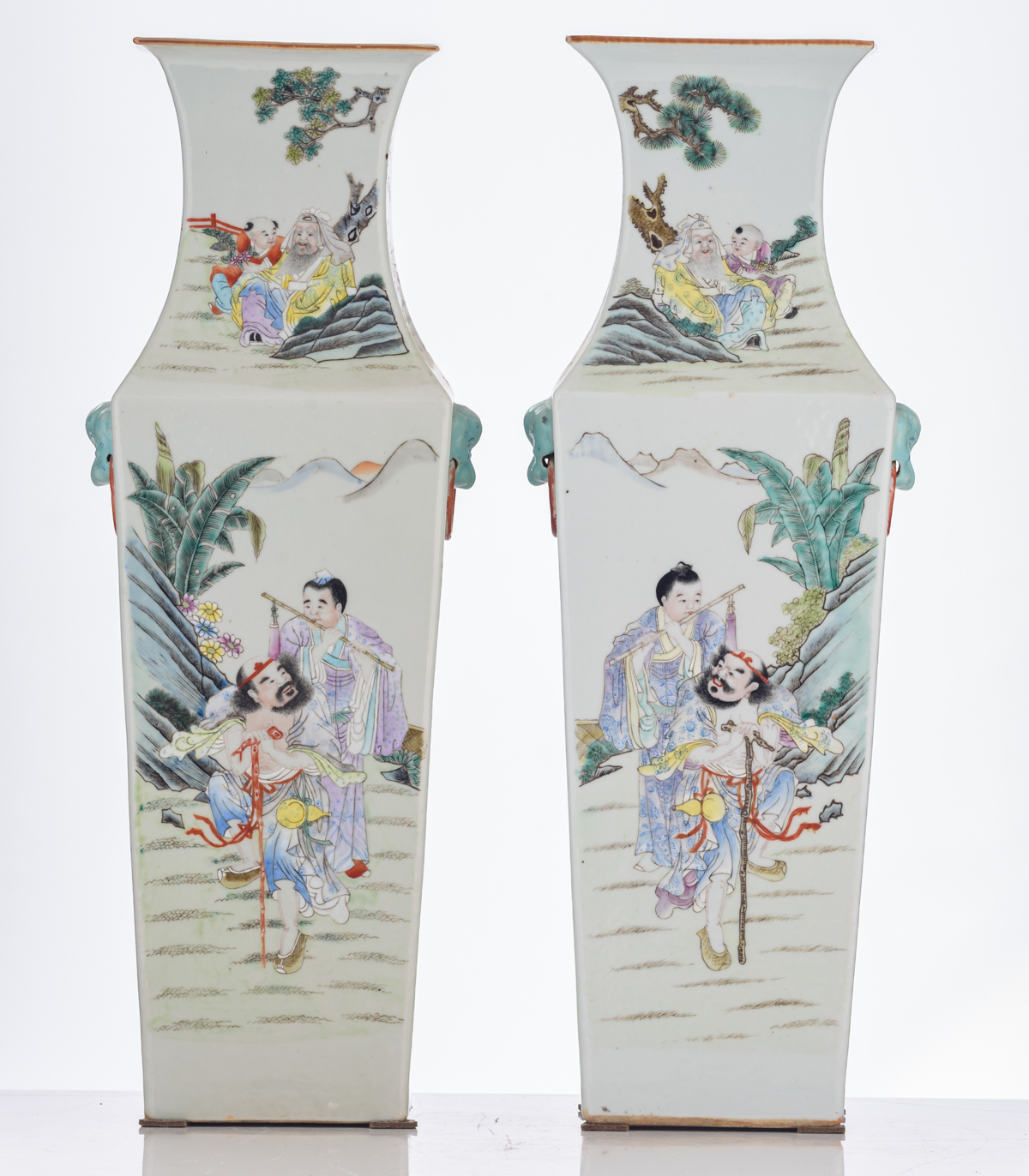 A pair of Chinese famille rose quadrangular vases, decorated with Immortals in a landscape, H 58,5 - Image 3 of 8