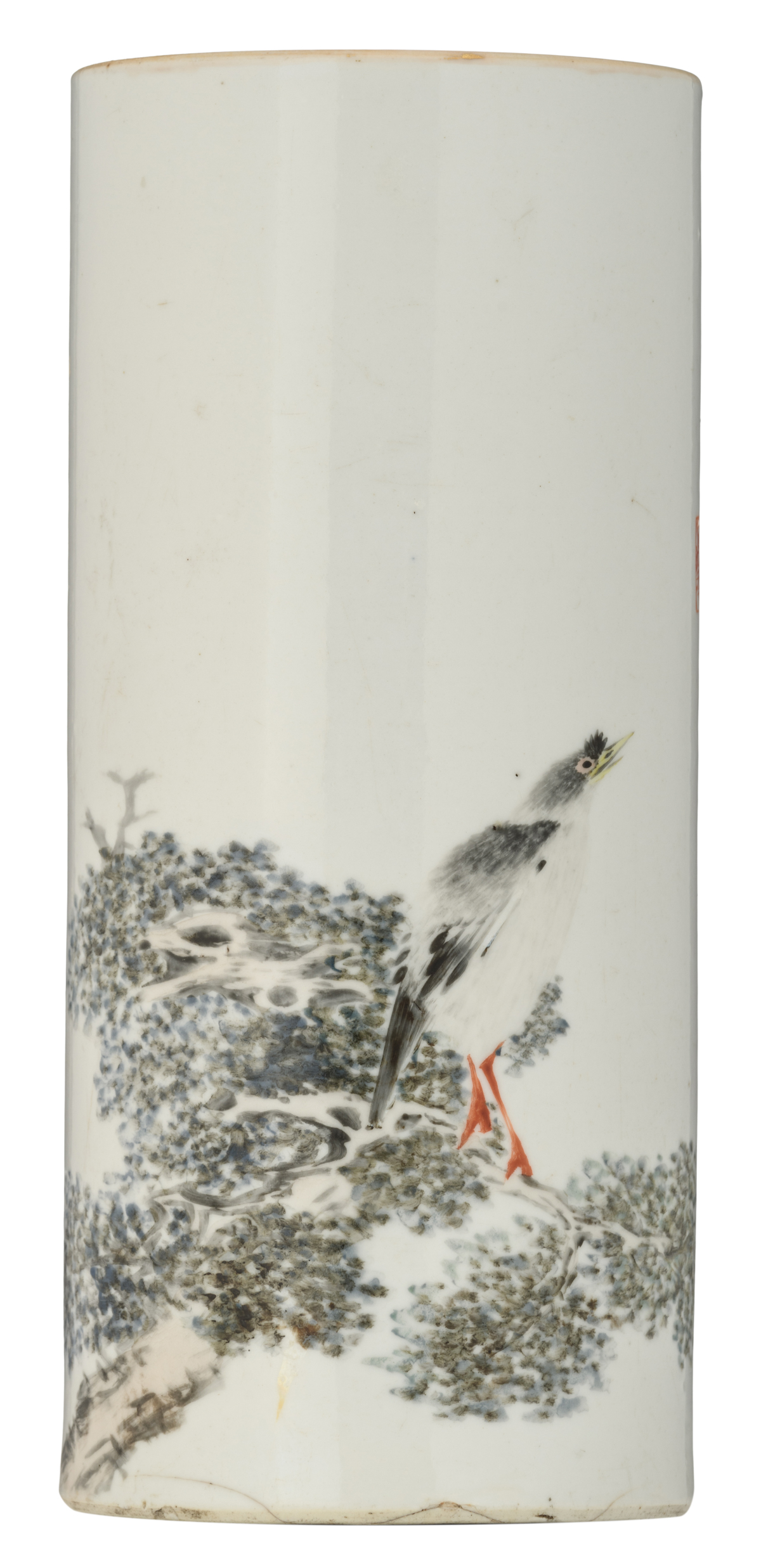 A Chinese Republic period cylindrical vase, polychrome decorated with a bird on a tree branch,