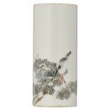 A Chinese Republic period cylindrical vase, polychrome decorated with a bird on a tree branch,