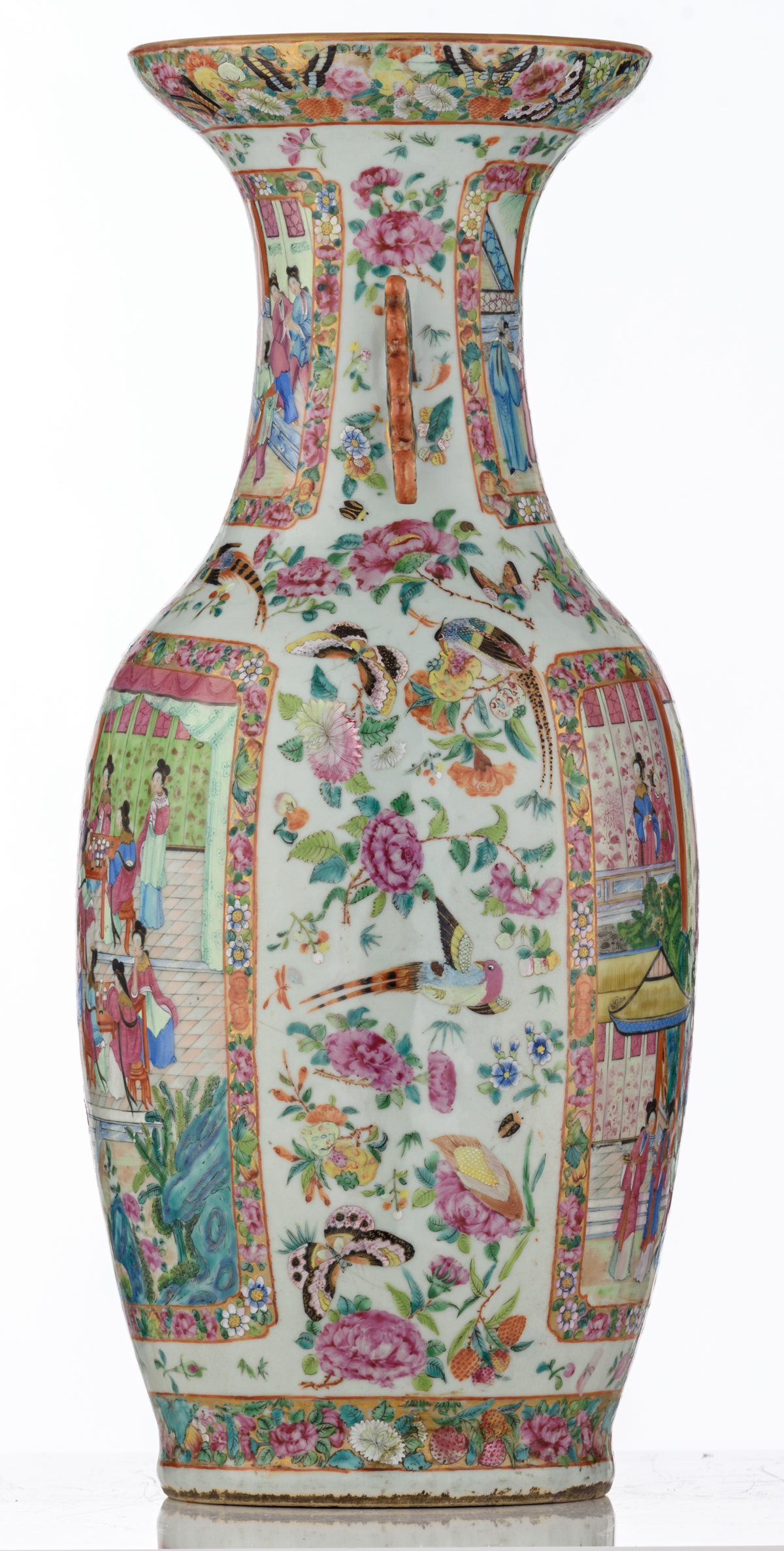 A Chinese Canton famille rose vase with fruits, flowers and butterflies, the roundels decorated with - Image 4 of 6