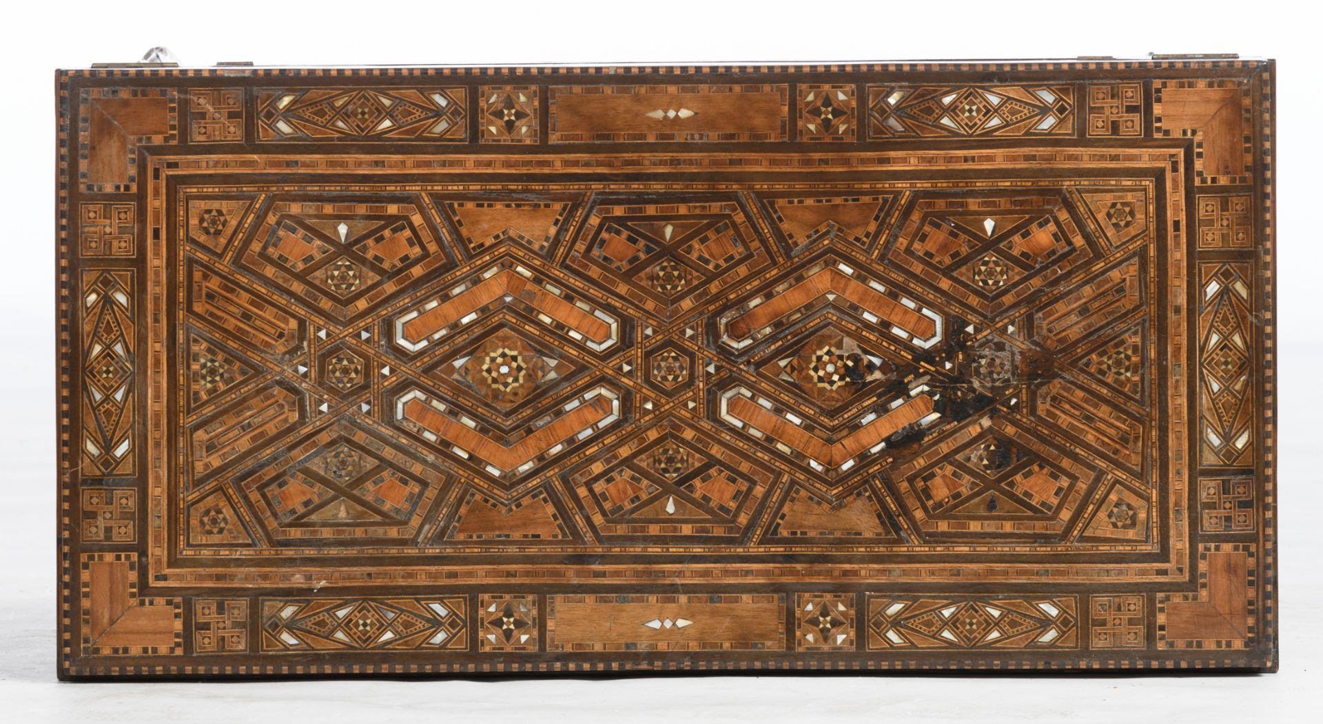 A Moorish inspired card table, inlaid with various wood types and mother of pearl, the folding top - Image 6 of 9