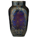 A fine Art Nouveau iridescent glass vase with a silver floral relief overlay decoration, in the