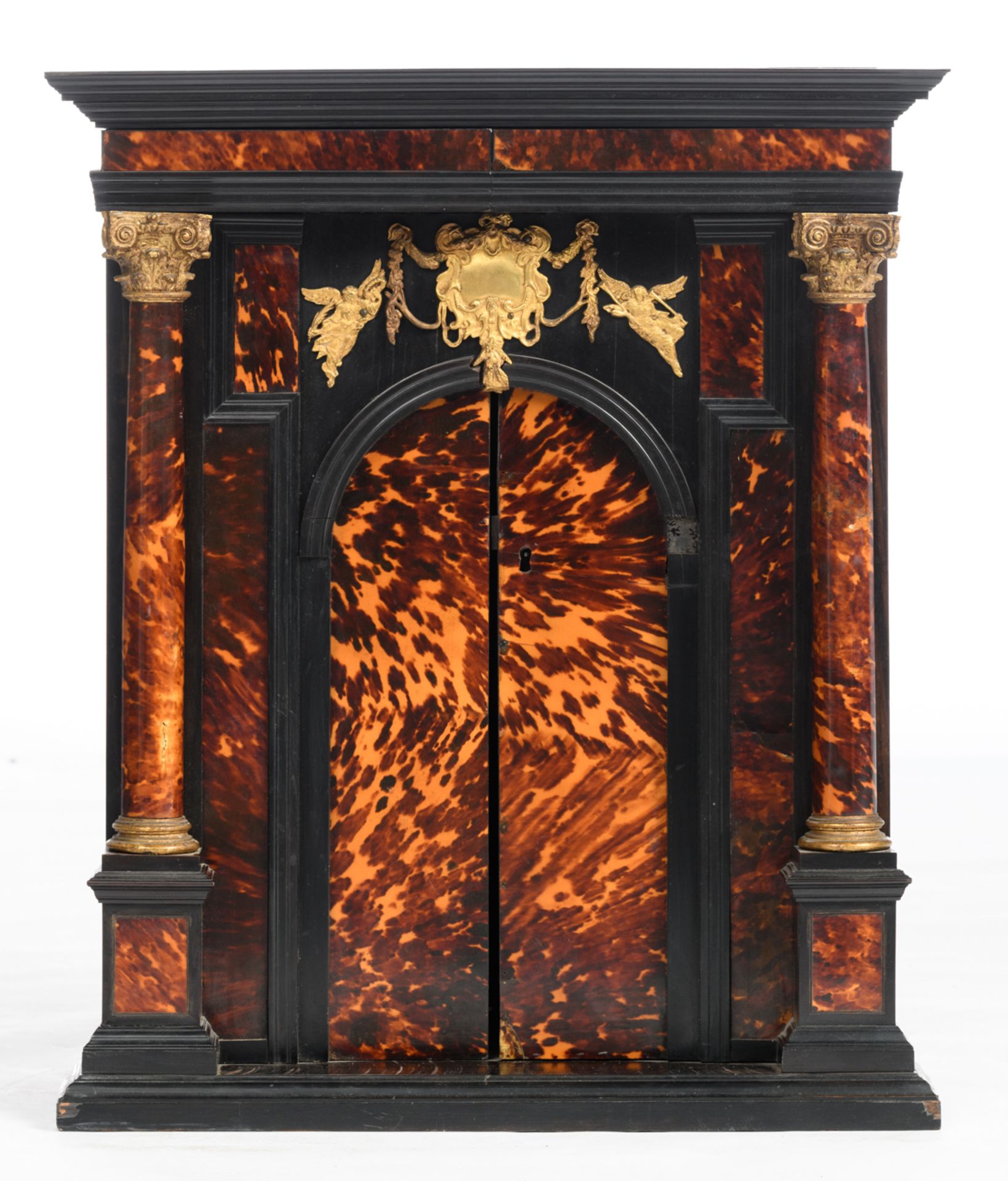 An ebonized wood, ormolu-mounted, tortoiseshell, and rosewood veneered architectural-looking - Image 2 of 8