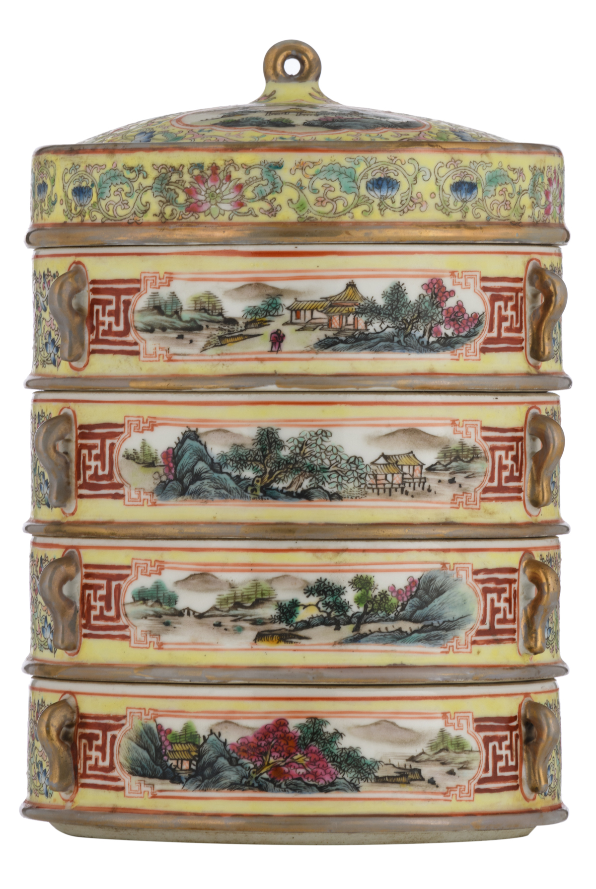 A Chinese yellow ground with famille rose lotus scrolls decorated four-tiered porcelain food